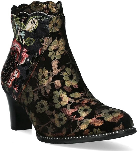 Zwarte enkellaars met bloemenprint in groen, roze en goud, met golvende rand.