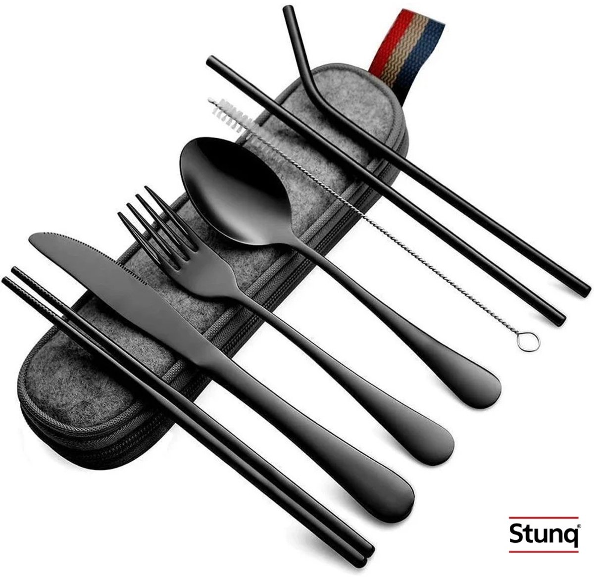 Stunq® Draagbare Bestekset 8-delig Zwart - Vork, Mes, Lepel, Eetstokjes, Rietje voor Outdoor Picknick Reizen Studenten