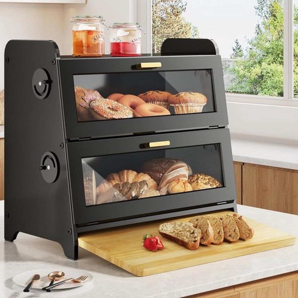Brooddoos - Broodcontainer Keuken - Brood Vers Houden - Met Bamboe Snijplank - 15.7" L x 9.9" B - Zwart