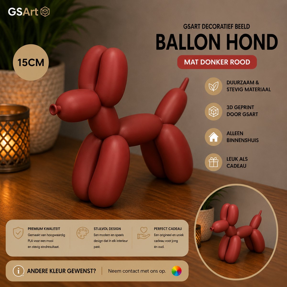 GSArt Decoratief Beeld Ballon Hond – 3D Geprint – Moderne Woondecoratie - 15cm Mat Donkerrood