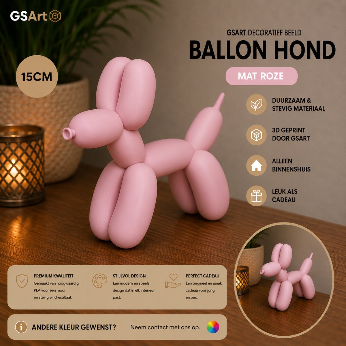GSArt Decoratief Beeld Ballon Hond – 3D Geprint – Moderne Woondecoratie - 15cm Mat Roze