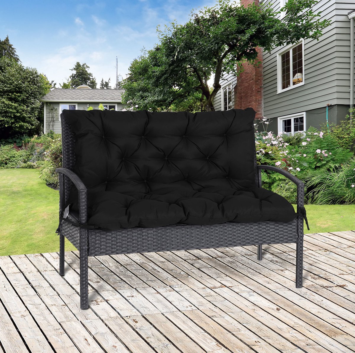 REDOM - Bankkussen met hoge rugleuning - 6 bevestigingsbanden - Polyester - Zwart - 100 x 98 x 8 cm - Rechthoekig - Voor tuinbank
