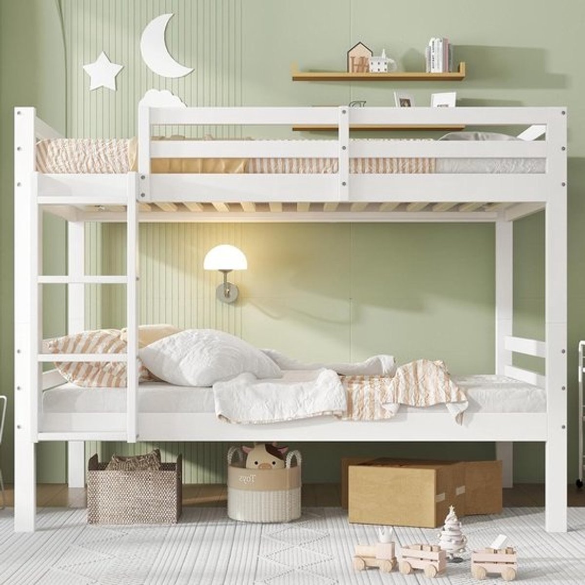 Kinder stapelbed 90 x 200 cm 2 eenpersoons bedden met 3-traps hoekladder in wit - Boxtel