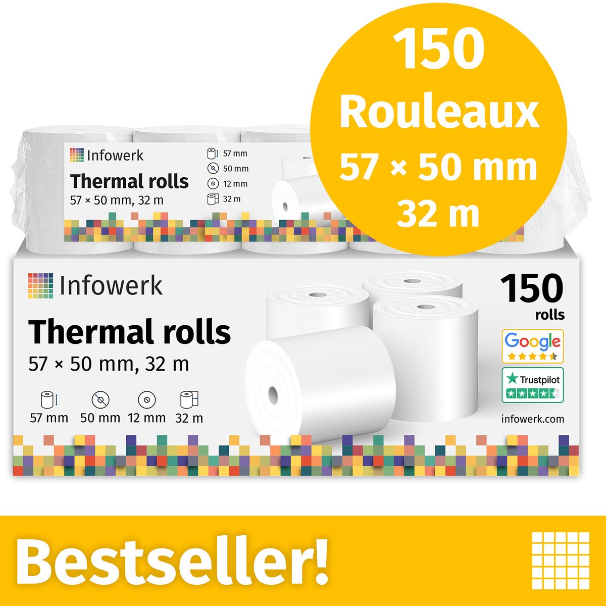 NIEUW: Infowerk Thermische Rollen / Kassarollen, 150 Rollen, 57mm x 50mm x 12mm, 32m, Testwinnaar, PEFC-gecertificeerd, voor EPSON, IBM e.a.