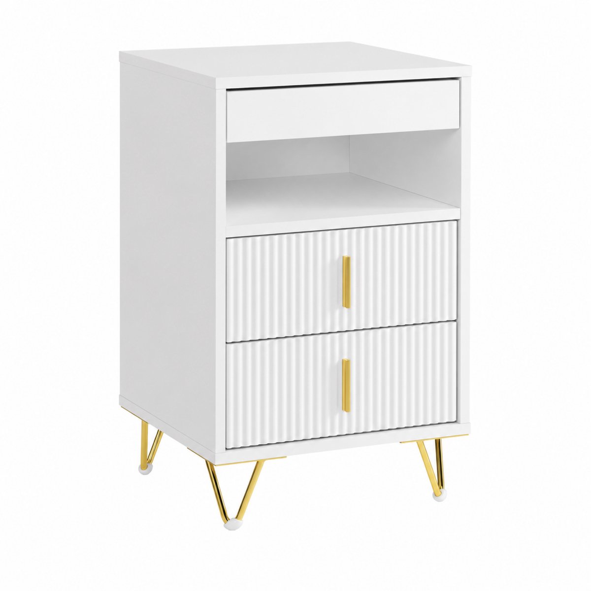 Noventra Nachtkastje met 2 Lades – Bijzettafel met Open Vak – Slaapkamerkastje – Opbergkast – Gouden Poten – Wit – Modern Design – 40 x 40 x 63 cm