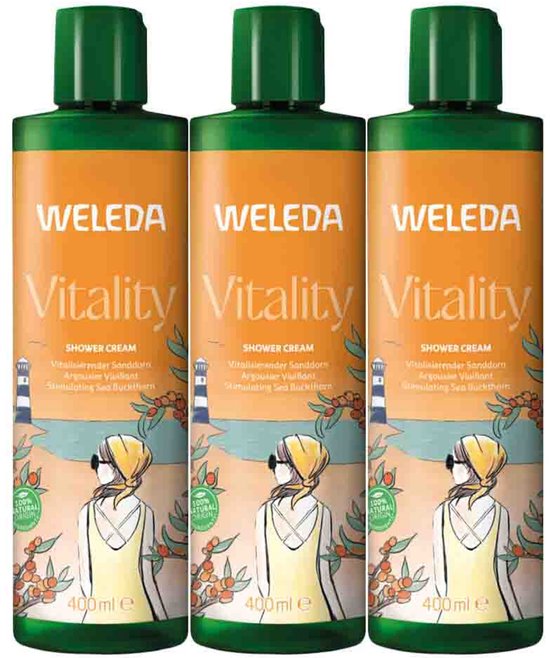 Drie flessen Weleda Vitality douchecrème met oranje label, illustratie van een vrouw bij een vuurtoren en 400 ml inhoud.