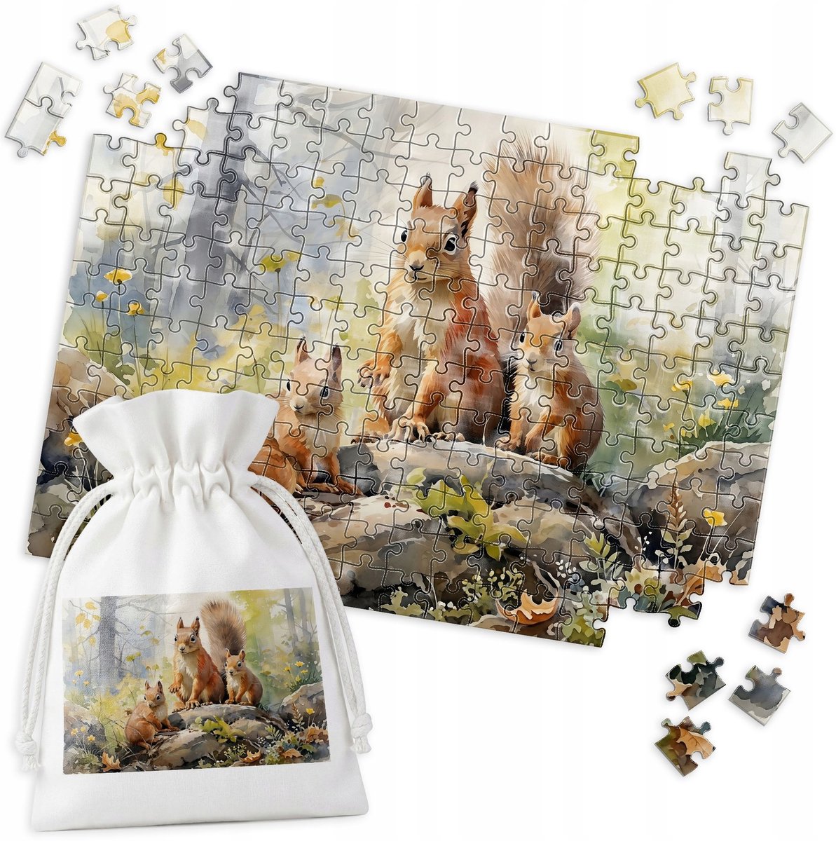 Houten Puzzel - Drie Eekhoorns, Aquarel - 192 Stukjes