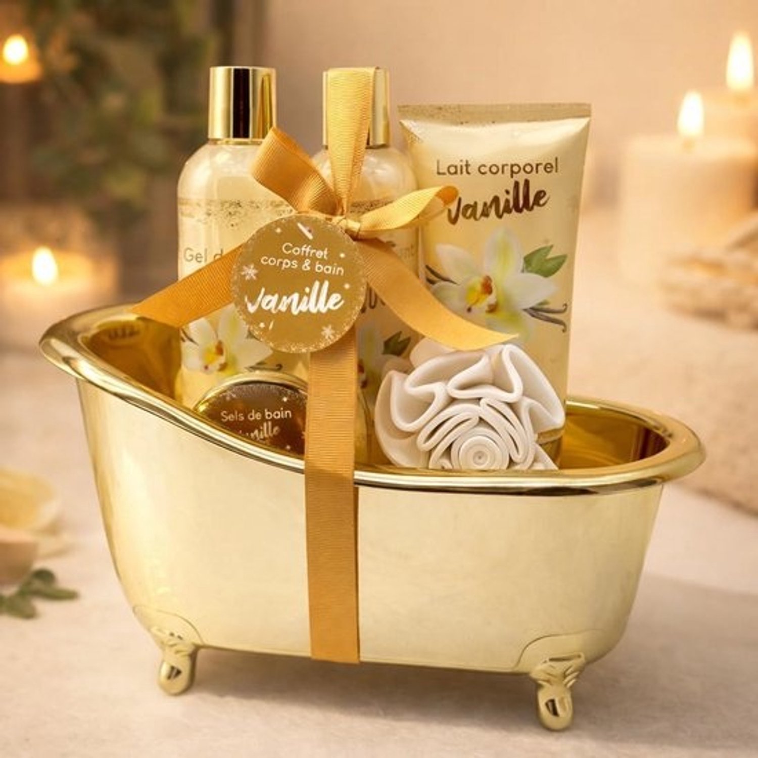 Badgeschenkset - Ontspanningspakket - Thuis-spa - Kruidige vanille - 190ml 260ml 80g - Goud
