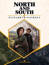 Boekomslag 'North and South' van Elizabeth Gaskell, met een koppel tegen een industriële en landelijke achtergrond.