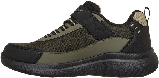 Zijkant van een zwarte en olijfgroene Skechers sneaker met klittenbandsluiting.