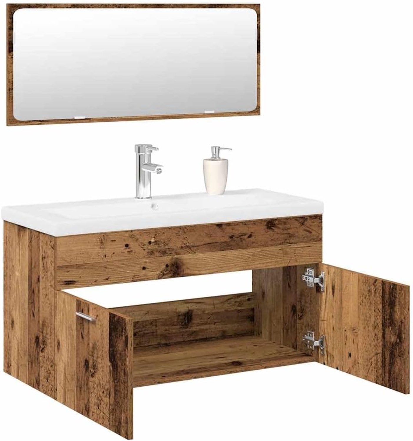 3-delige badkamermeubelset oud houtlook houtmateriaal met wastafel