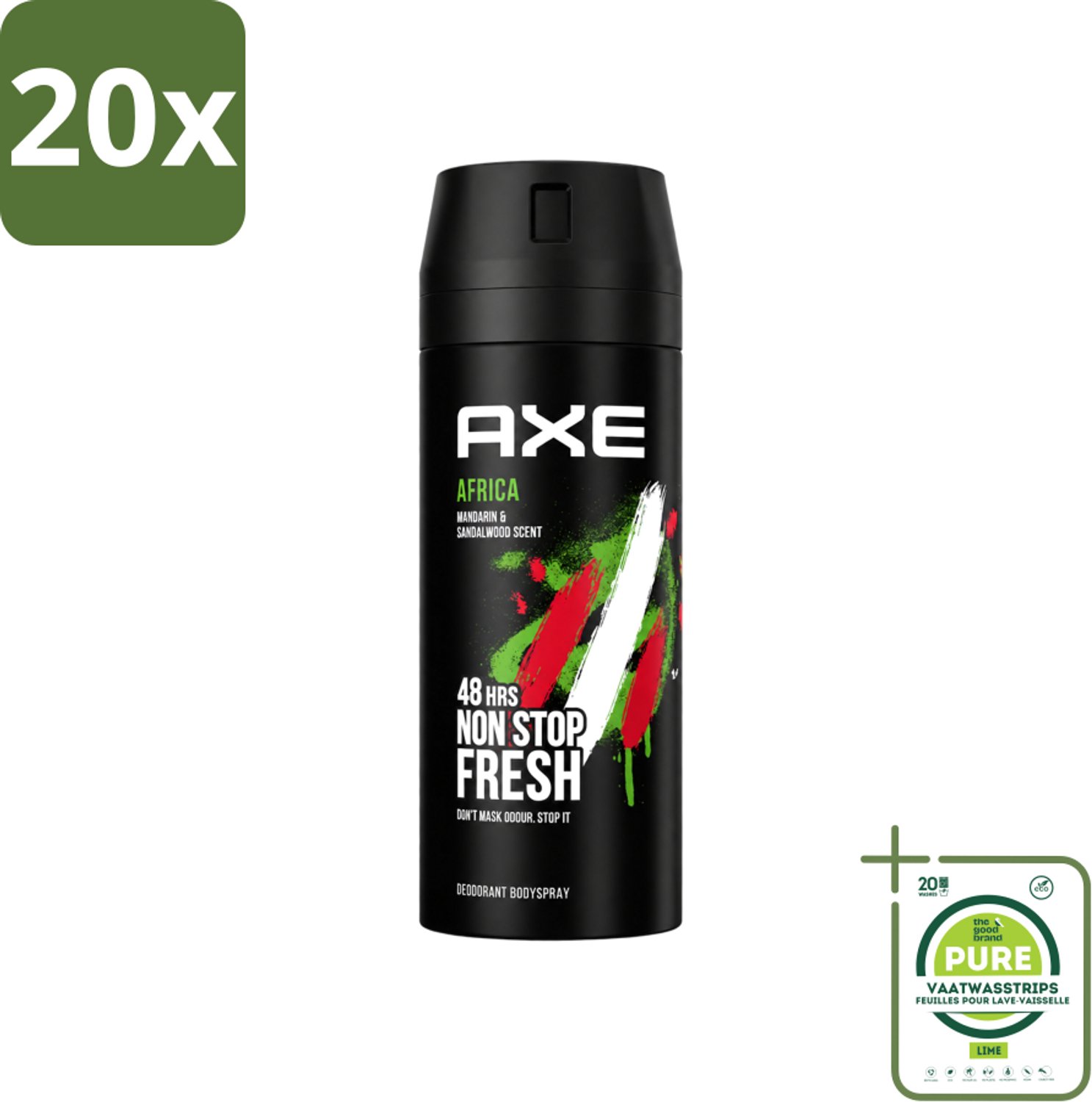 20 x Axe - Deodorant Bodyspray - 48hrs Non Stop Fresh - Africa - Mandarin & Sandalwood - 150 ml - Grootverpakking - Vaatwasstrips - Deodorant Sprayer - Geurbeheersing - Mandarijn En Sandelhout - Bodyspray - Geur Bescherming
