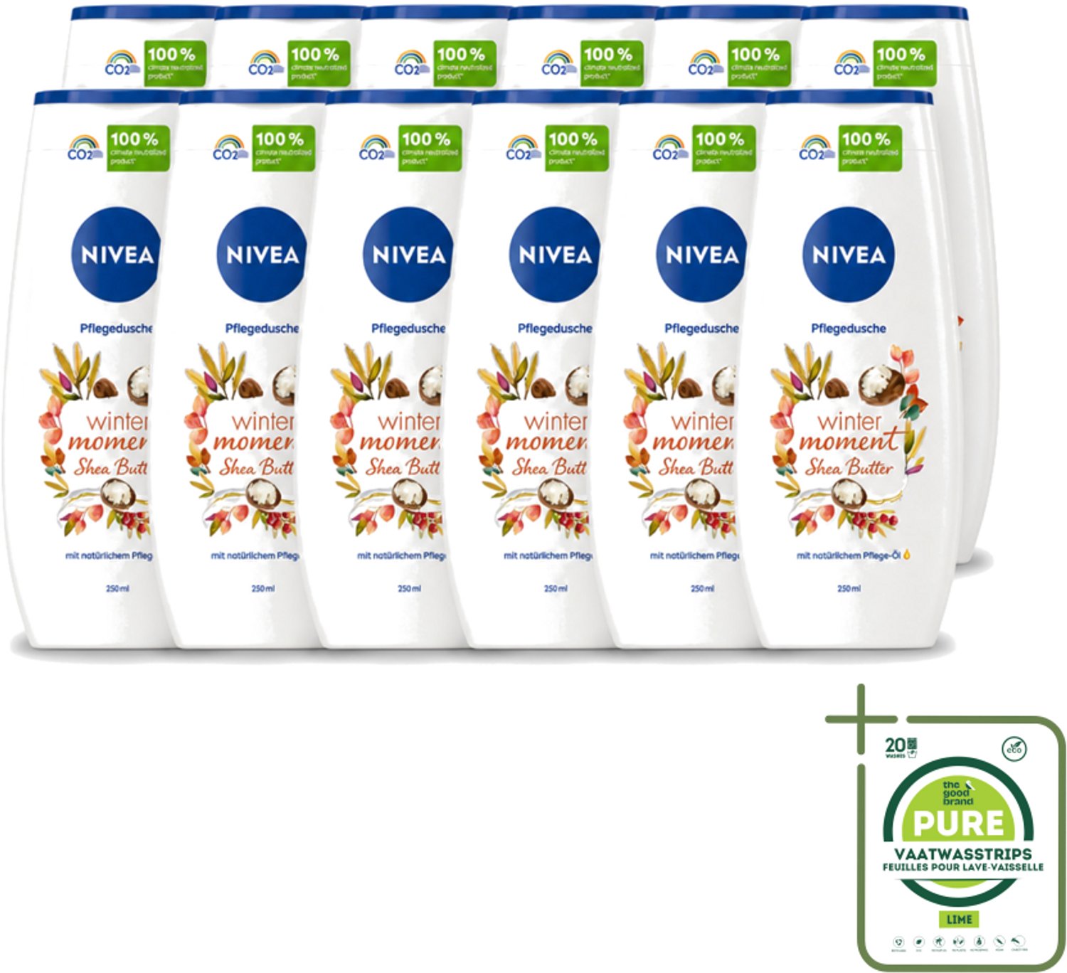 12 x Nivea - Douchegel - Winter Moment Shea Butter - 250 ml - Grootverpakking - Vaatwasstrips - Douchegel Winter - Sheaboter Douchegel - Hydraterende Douchegel - Verzorgende Douchegel - Winterdouchegel