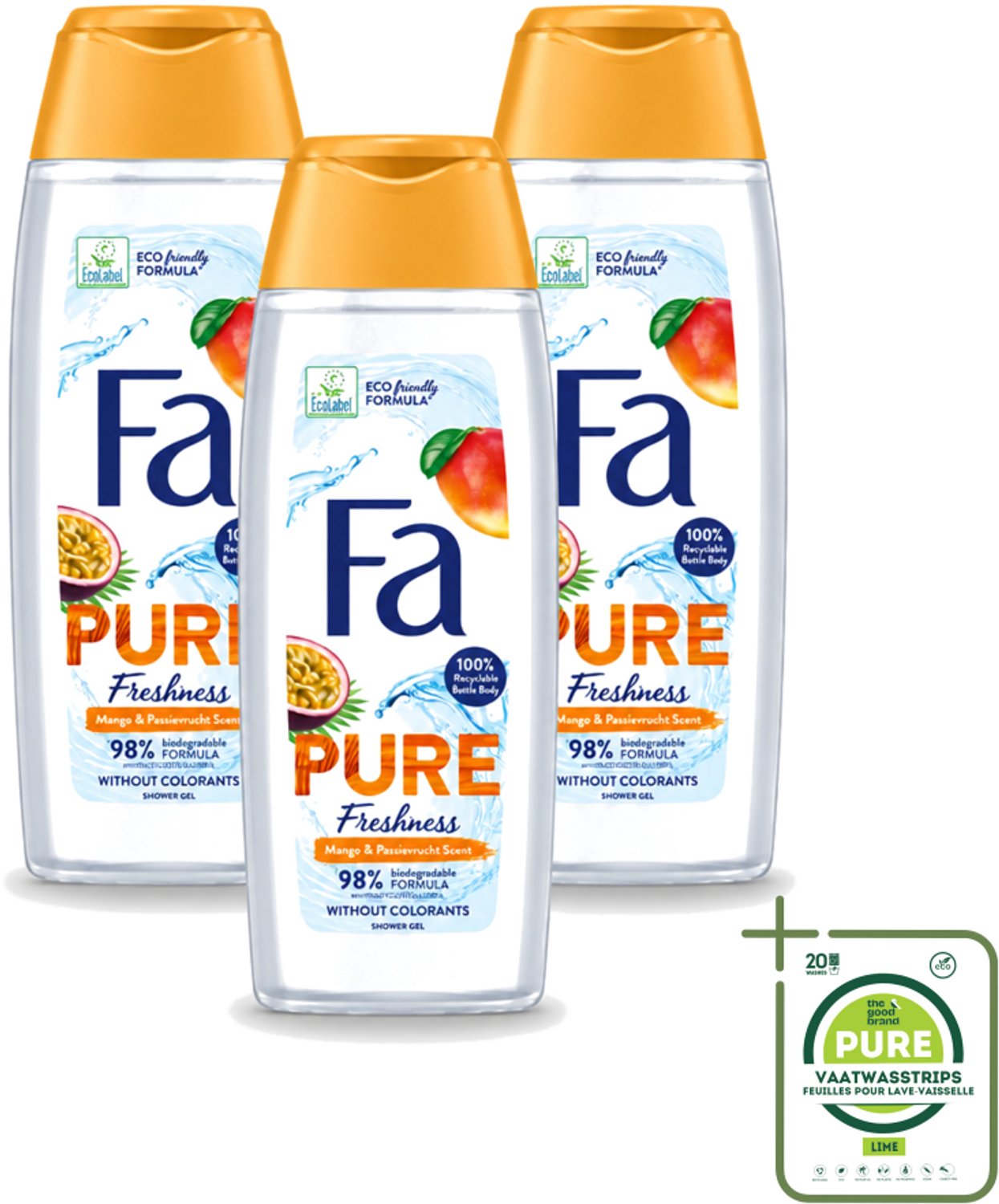 3 x Fa - Douchegel - Pure Freshness Mango & Passievrucht - Verfrissend & Zoet - Hydraterend - 250 ml - Grootverpakking - Douchegel Mango En Passievrucht - Verfrissende Douchegel - Hydraterende Douchegel - Tropische Geur - Douchegel Voor Huid