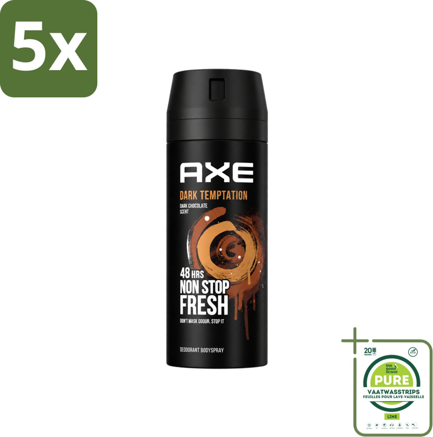 5 x Axe - Deodorant Bodyspray - 48hrs Non Stop Fresh - Dark Temptation - Dark Chocolate - 150 ml - Grootverpakking - Vaatwasstrips - Axe Dark Temptation - Deodorant - Chocolade - Geur - Verleiding