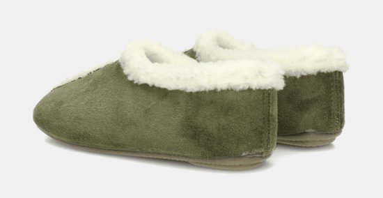 Zijaanzicht van een olijfgroene pantoffel met witte voering van imitatiebont.