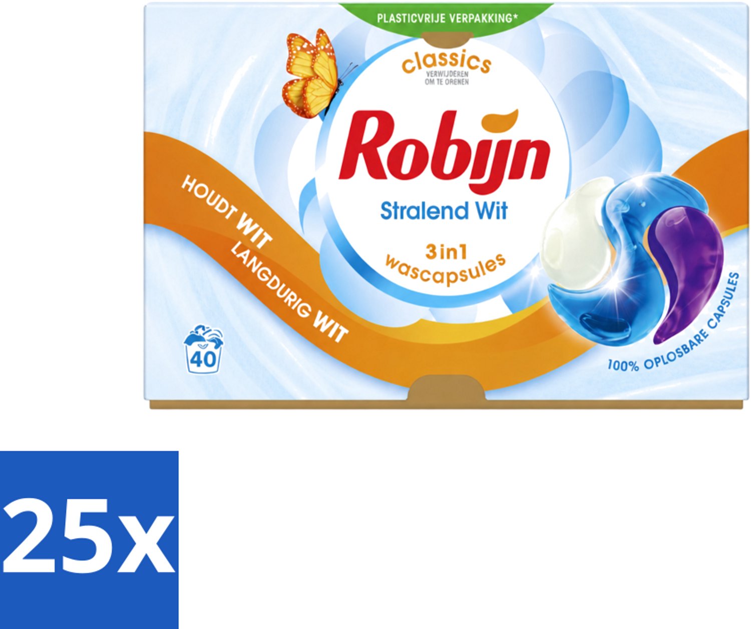 25 x Robijn - Stralend Wit - 3-in-1 Wascapsules - Houdt Langdurig Wit - 40 Wascapsules - Voordeelverpakking - 25 stuks