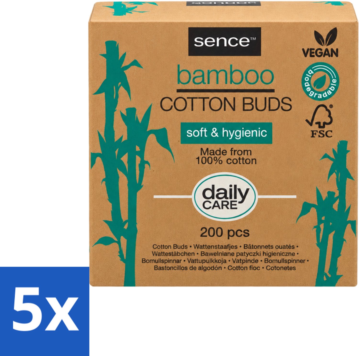 5 x Sence - Bamboe - Wattenstaafjes - Afbreekbaar & Vegan - 200 Wattenstaafjes - Voordeelverpakking - 5 stuks