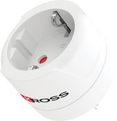 Witte S-Kross reisadapter met stopcontact en rode indicator, 16A 250V specificaties zichtbaar.