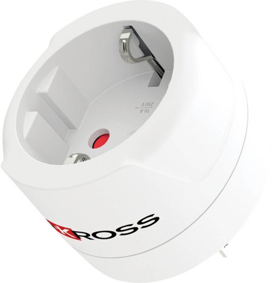 Witte S-Kross reisadapter met stopcontact en rode indicator, 16A 250V specificaties zichtbaar.