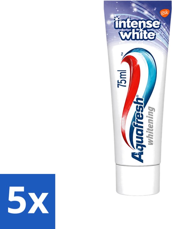 Verpakking met 5 tubes Aquafresh Intense White tandpasta, 75 ml per tube, met het iconische rood-wit-blauwe logo.
