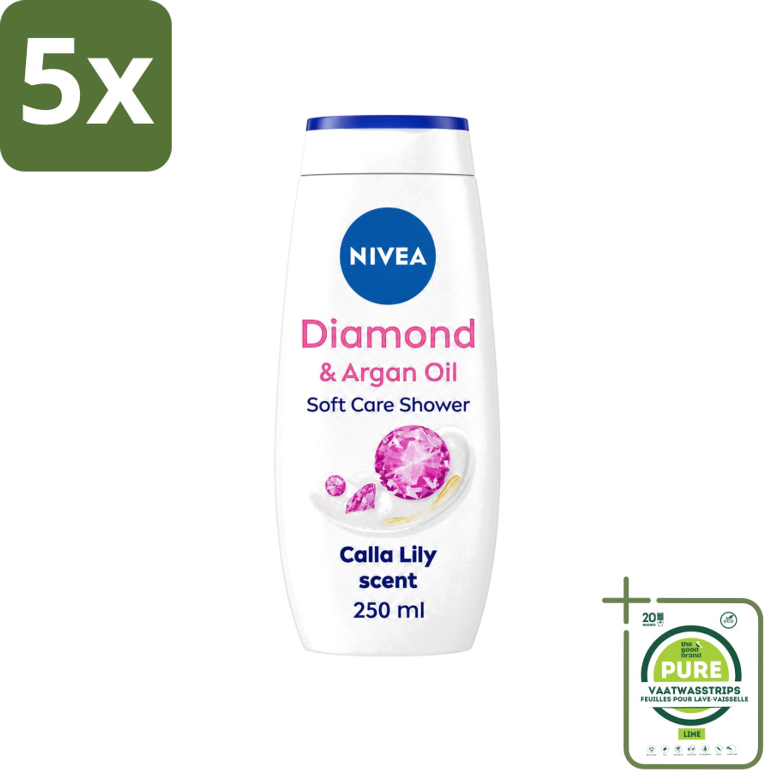 5 x Nivea - Diamond Touch Douchegel - Sensuele Leliegeur - 250 ml - Grootverpakking - Vaatwasstrips - Douchegel - Diamantpoeder - Witte Aronskelk - Hydratatie - Luxe Douchegel