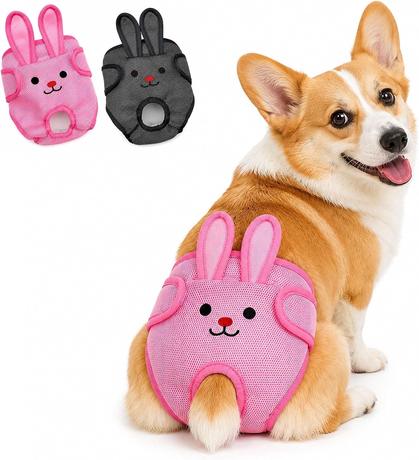 Luiers teefjes (2 stuks) Schattig konijntje Herbruikbare hondenluier voor puppy's zeer absorberend hondje menstruatieslipje warmte‑incontinentie opwinding plassen,(roze/grijs,L)