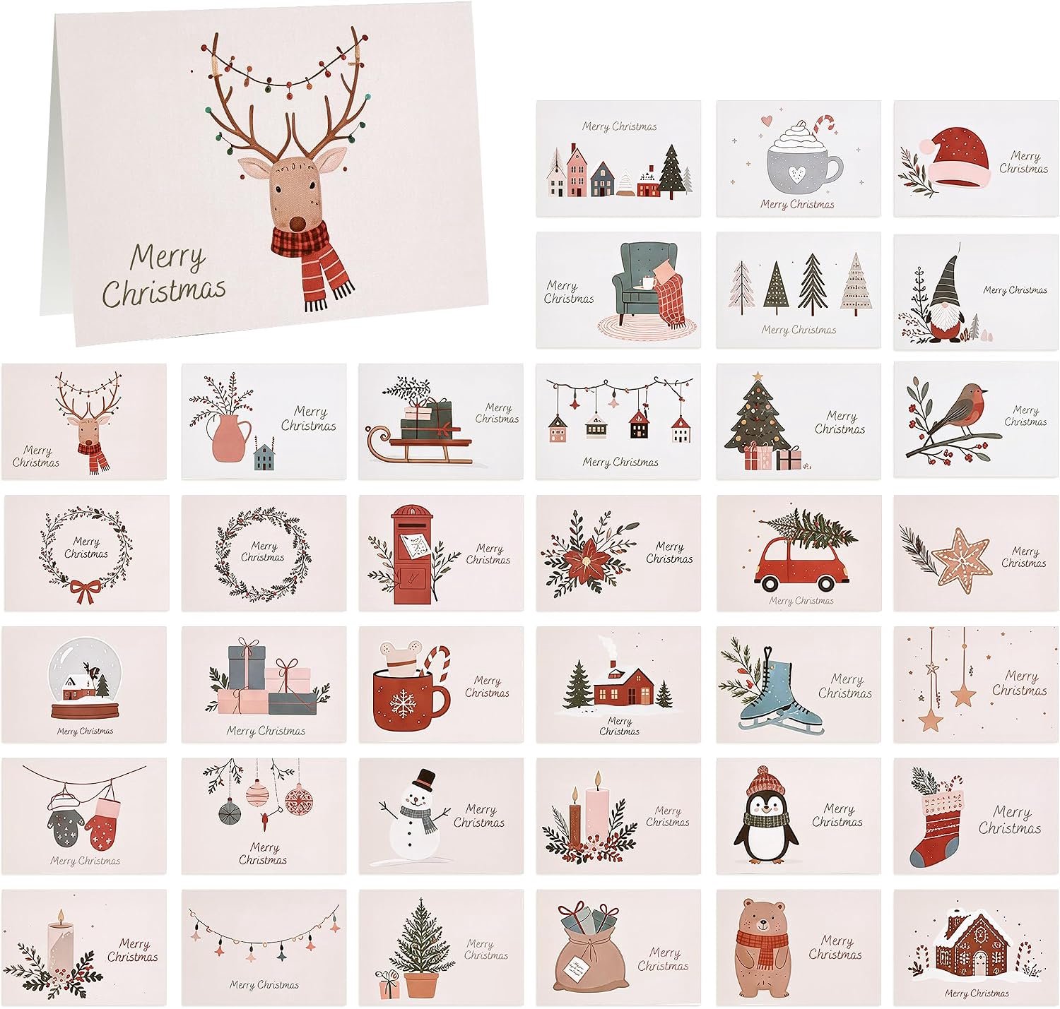 36 stuks kerstkaarten met enveloppen, schattige kerstkaarten A6, diverse kerstkaarten pakket, 36 unieke ontwerpen, 300 g/m² kaartenset voor familie, vrienden en kinderen