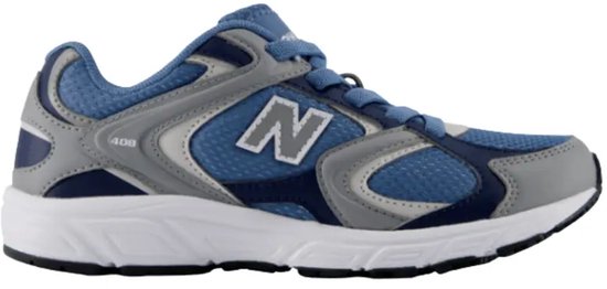 New Balance 408 sneaker in blauw en grijs met veters en witte zool.