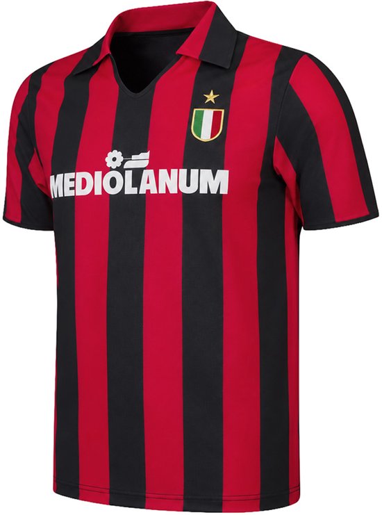 Retro voetbalshirt met verticale rode en zwarte strepen, een zwarte kraag en MEDIOLANUM-opdruk.