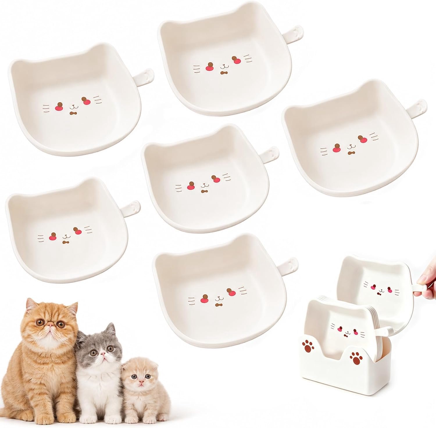 Plat, set van 6 met bakhouder, voederbak voor katten, vaatwasmachinebestendig, kattenbakset voor nat en droogvoer, snorvriendelijke kattenbakken, wandmontage (beige)