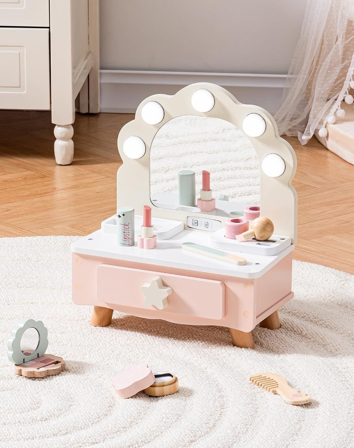 Houten Makeup Set voor Meisjes met Lichtgevende Schelp Spiegel - Speelgoed voor Rollenspel, Verjaardagscadeau en Creatieve Activiteiten voor Kinderen vanaf 3 Jaar