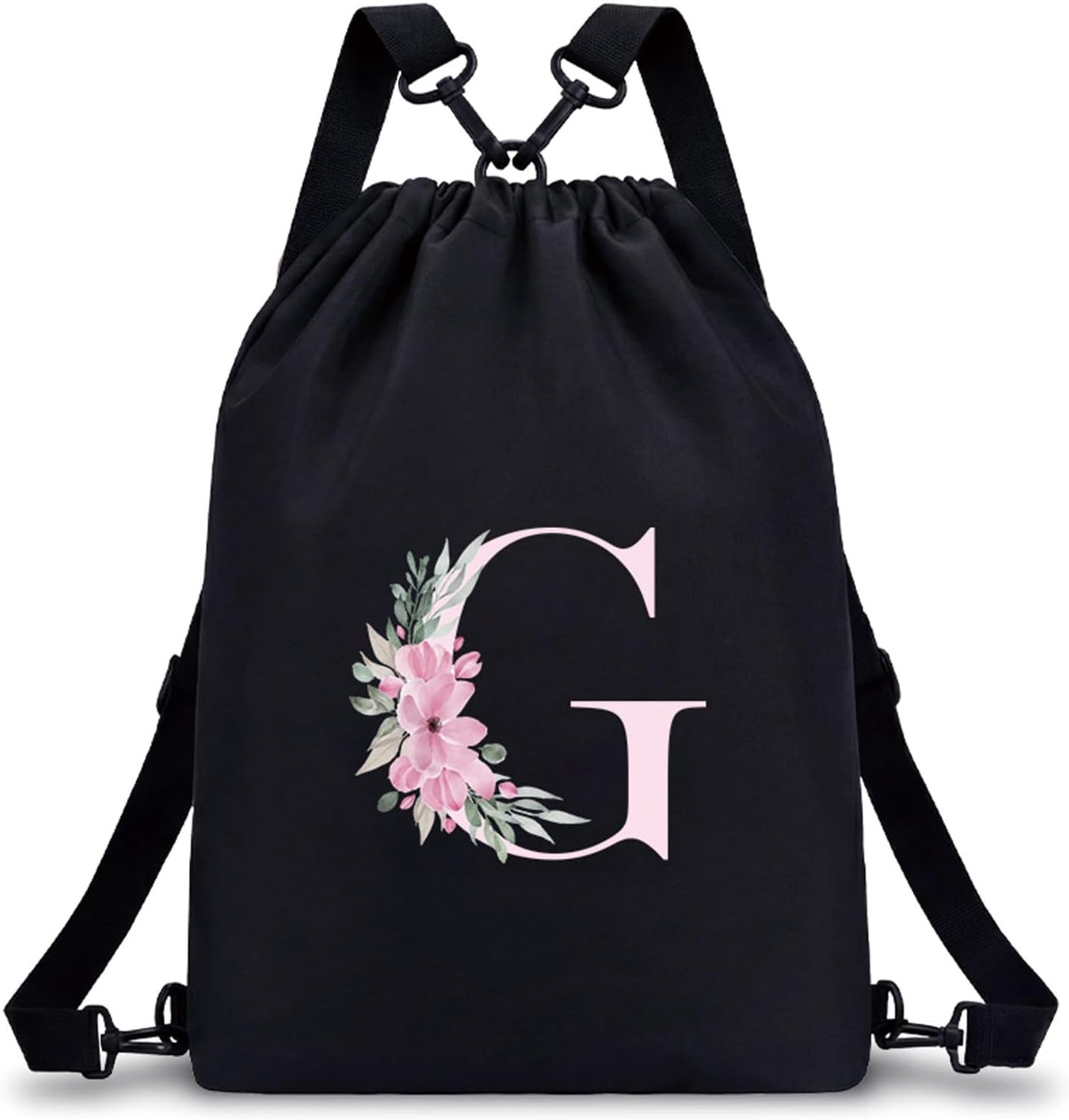 Personalizzabile con Iniziale Fiore Borsa Sportiva 4 in 1 (Zaino/Borsa a Tracolla/Portatile) Impermeabile per Fitness, Nuoto, Scuola e Viaggi, Nero, G