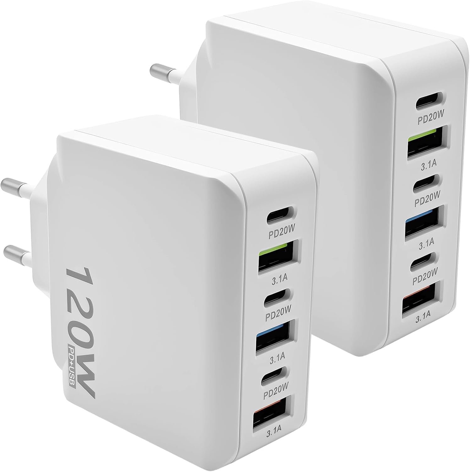 2 stuks USB-C-oplader, 120 W, snel, 6 poorten, USB-C en USB-A, netadapter, compatibel met iPhone 17, 16, 15, 14, 13, 11, Seet voor iPad Pro Max, compatibel met Samsung S26 S22 en andere apparaten