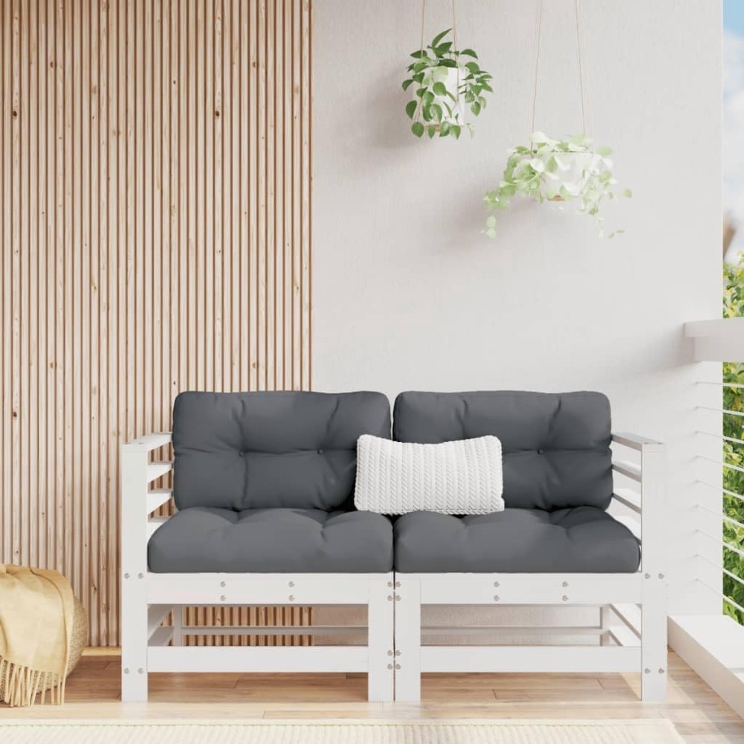Set van 2 tuinhoekbanken van massief grenenhout in wit, modulair lattendesign met rugleuning voor comfortabel zitten, ideaal voor terras en tuin