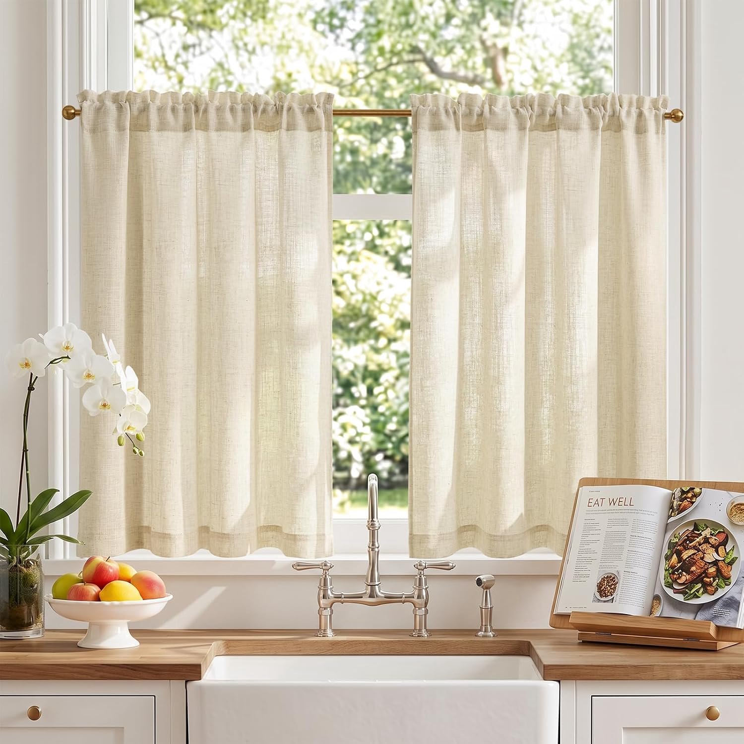 Linnen look bistrogordijn set van 2 90Bx90H cm, beige
