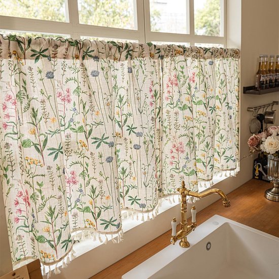 Landelijke stijl, bloemen, kort gordijn, ondoorzichtig, bistrogordijn met kwastjes, vintage gordijnen, landhuis, korte gordijnen voor kleine