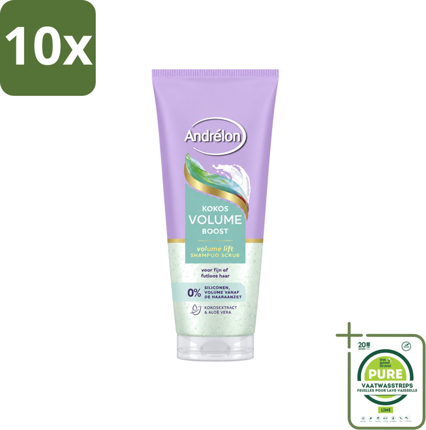 10 x Andrélon – Shampoo Scrub – Kokos Volume Boost – 200 ml - Grootverpakking - Vaatwasstrips - Haarkleur - Haartype - Haargewicht - Haartype - Haartype