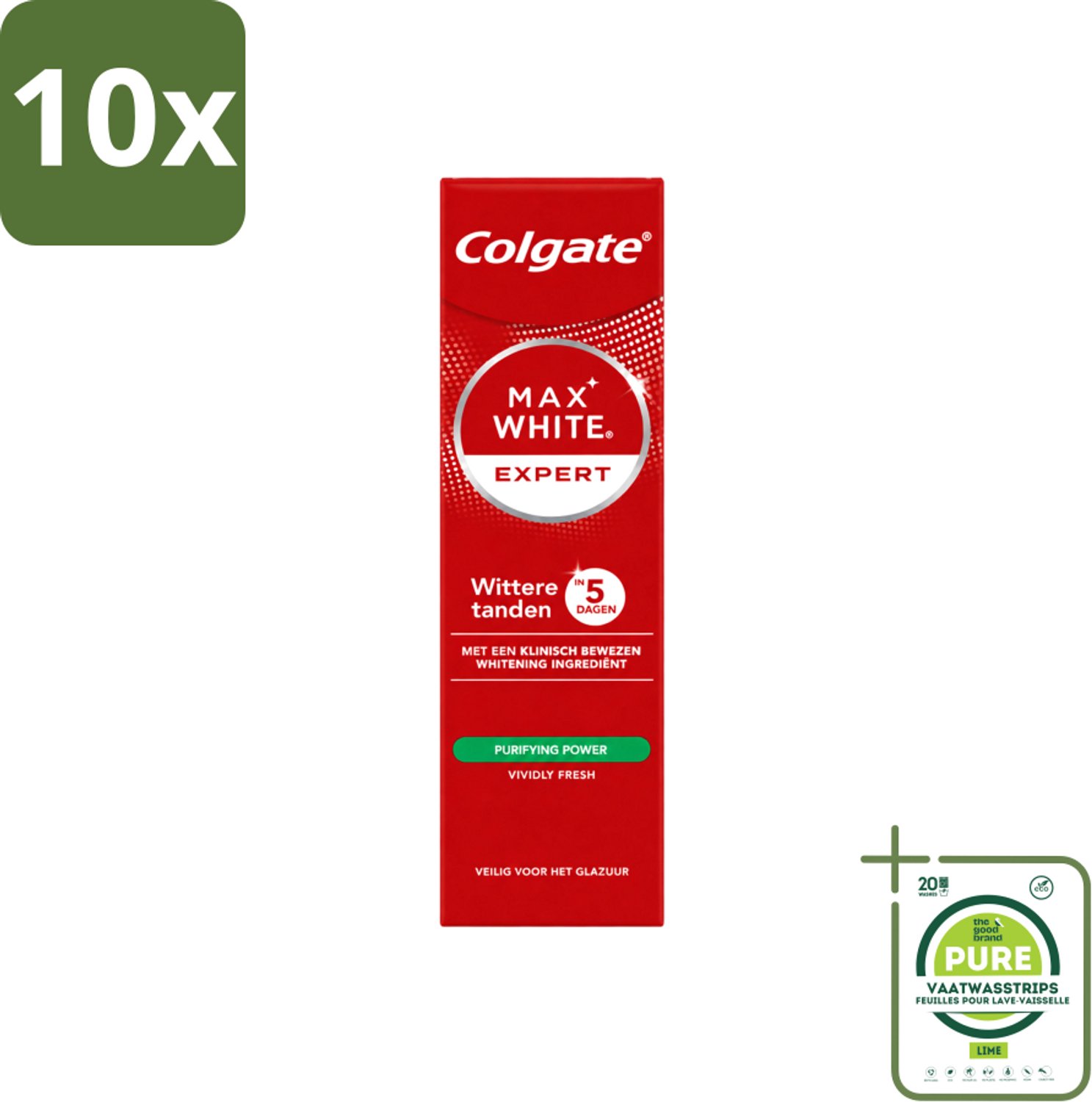 10 x Colgate – Max White Expert Purifying Power – Tandpasta – 75 ml - Grootverpakking - Vaatwasstrips - Tandpasta - Witte Tanden - Glimlach Verhelderen - Waterstofperoxide - Koffie En Thee Vlekken