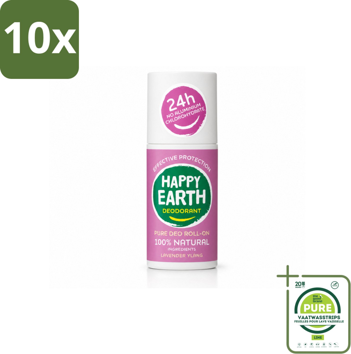 10 x Happy Earth – Deodorant Roll-On – 100% Natuurlijk Lavender Ylang – 75 ml - Grootverpakking - Vaatwasstrips - Natuurlijke Deodorant - Frisse Geur - Lavendel - Ylang-ylang - Huidvriendelijk