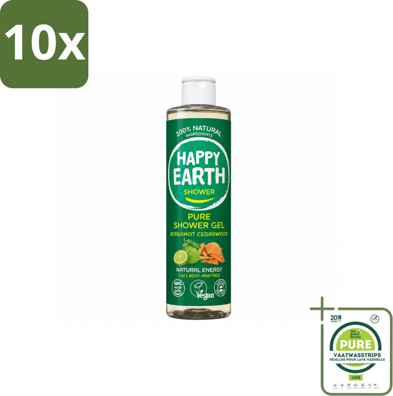 10 x Happy Earth – Douchegel – 100% Natuurlijk Bergamot Cedarwood – 300 ml - Grootverpakking - Vaatwasstrips - Douchegel Bergamot Cederhout - Natuurlijke Douchegel - Vegan Douchegel - Biologische Douchegel - Huidvriendelijke Douchegel