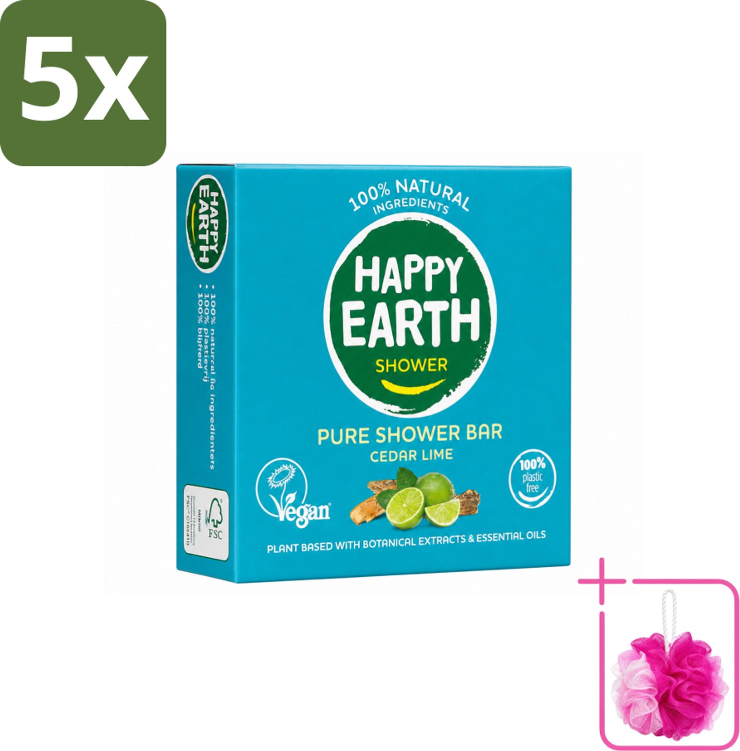 5 x Happy Earth – Shower Bar – 100% Natuurlijk Cedar Lime – 90 g - Bulkverpakking - Douchebar - Douchemop - Natuurlijke douche