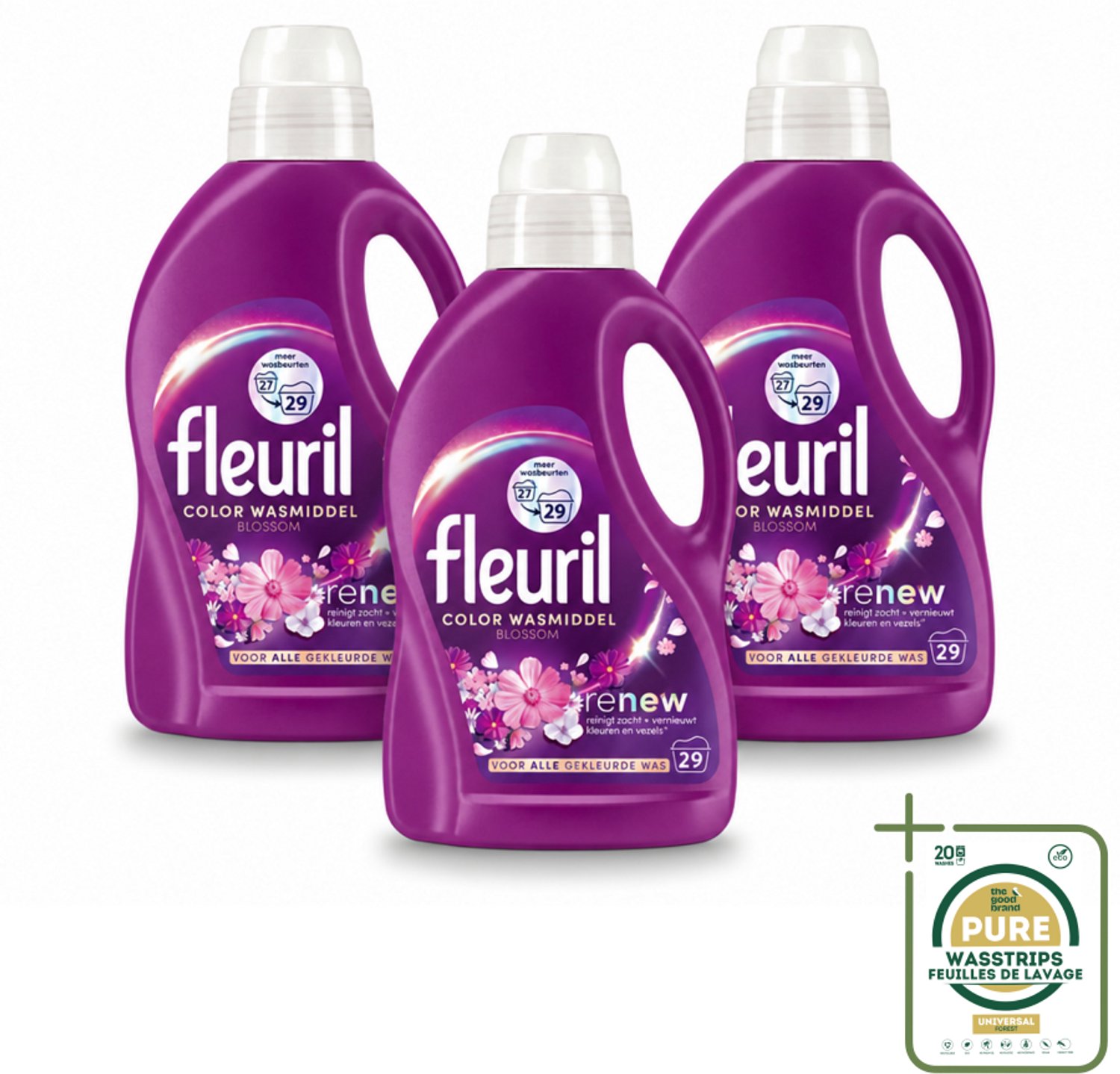 3 x Fleuril – Wasmiddel - Color Blossom – 29 wasbeurten – 1,305 L - Wasstrips - Kleurbehoud - Wasmiddel Voor Gekleurde Kleding - Bloesemgeur - Wasmiddel Voor Gekleurde Stoffen - Anti-verkleuring