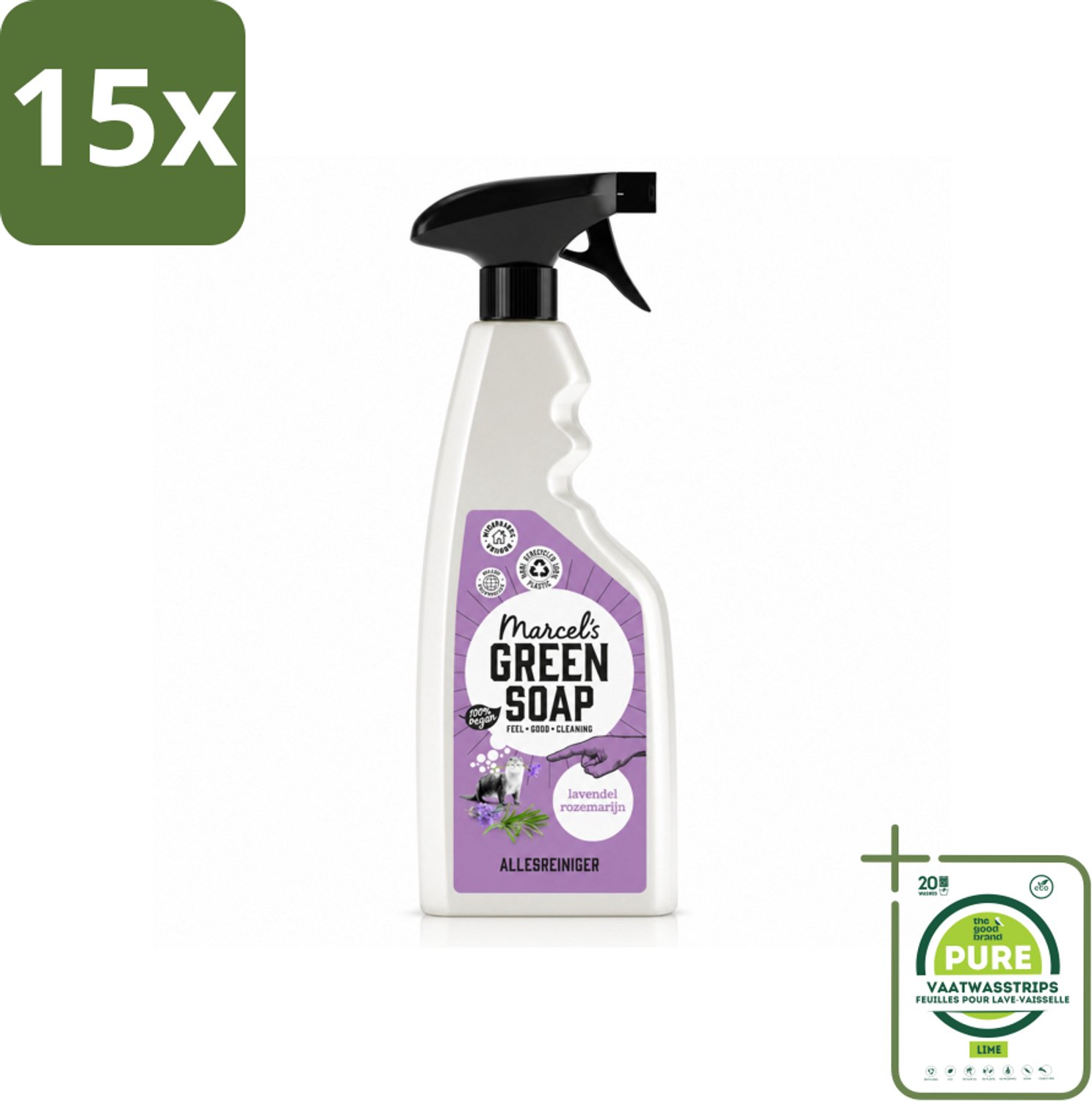 15 x Marcel’s Green Soap – Allesreiniger Spray – Lavendel & Rozemarijn – 500 ml - Grootverpakking - Vaatwasstrips - Allesreiniger Spray - Natuurlijke Reiniger - Plantaardige Zeep - Vet En Vuil Verwijderen - Tafel Reinigen