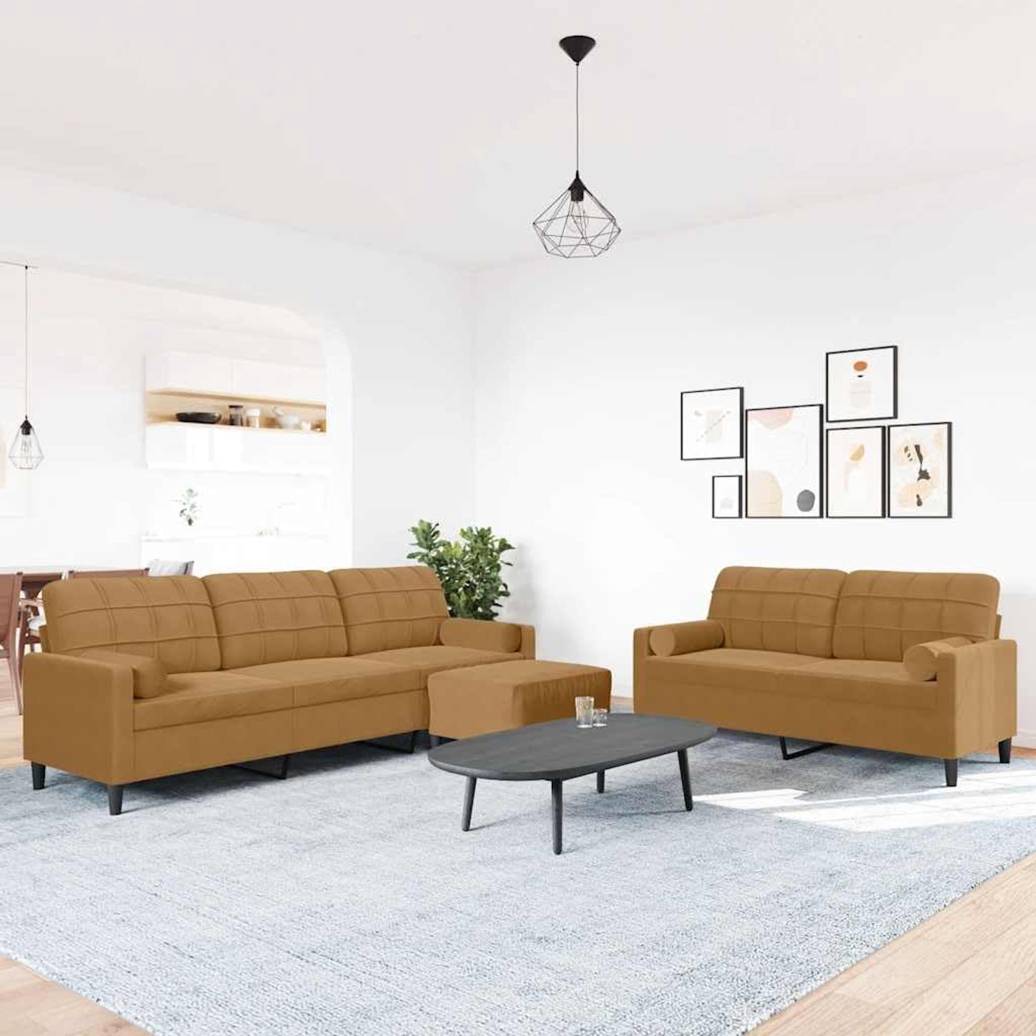 3-delig. Bankset met kussens en nekrollen bruin fluweel, comfortabele zitervaring met metalen frame en veelzijdige voetenbank voor woonkamer