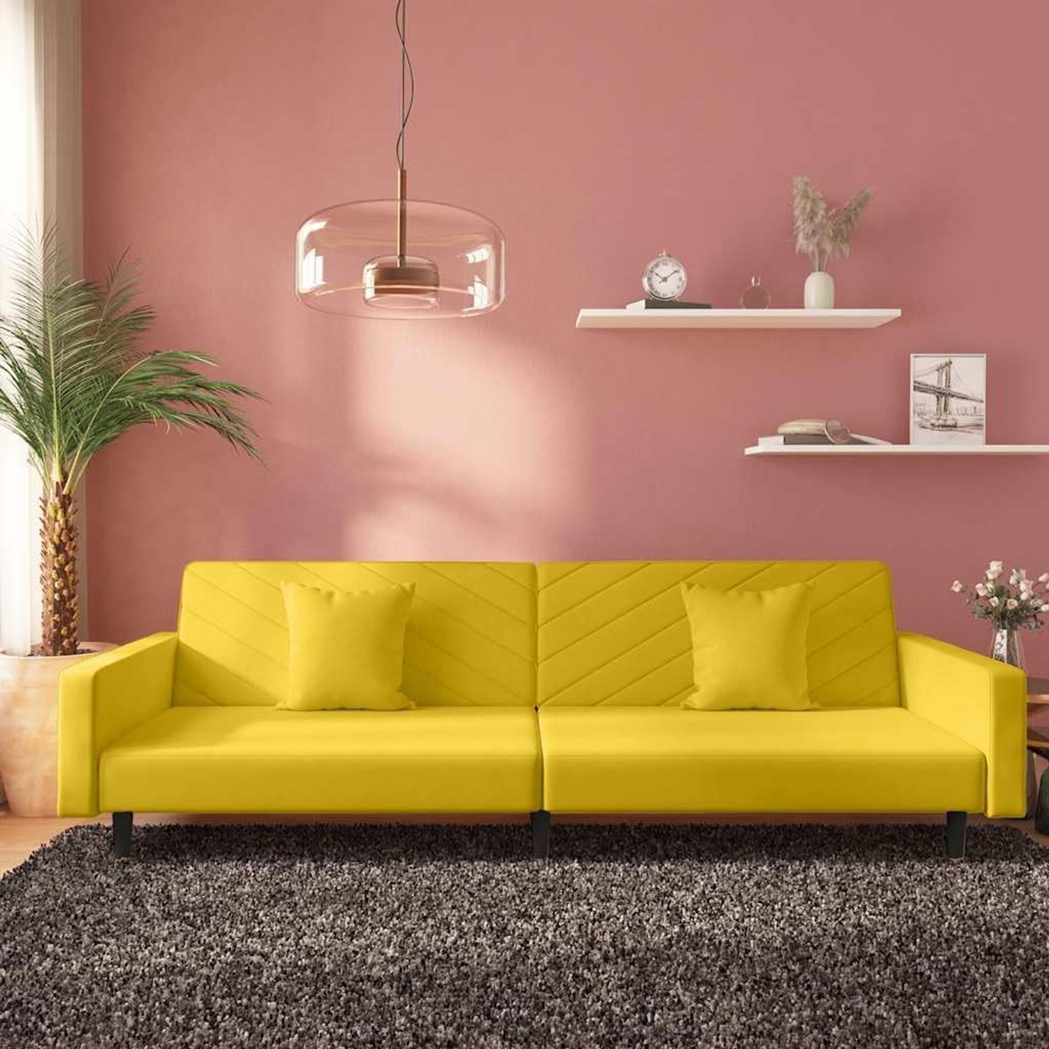 2-zits met 2 kussens, geel, fluweel, bedbank voor woonkamer en logeerkamer, met robuust houten frame en zachte velours stof