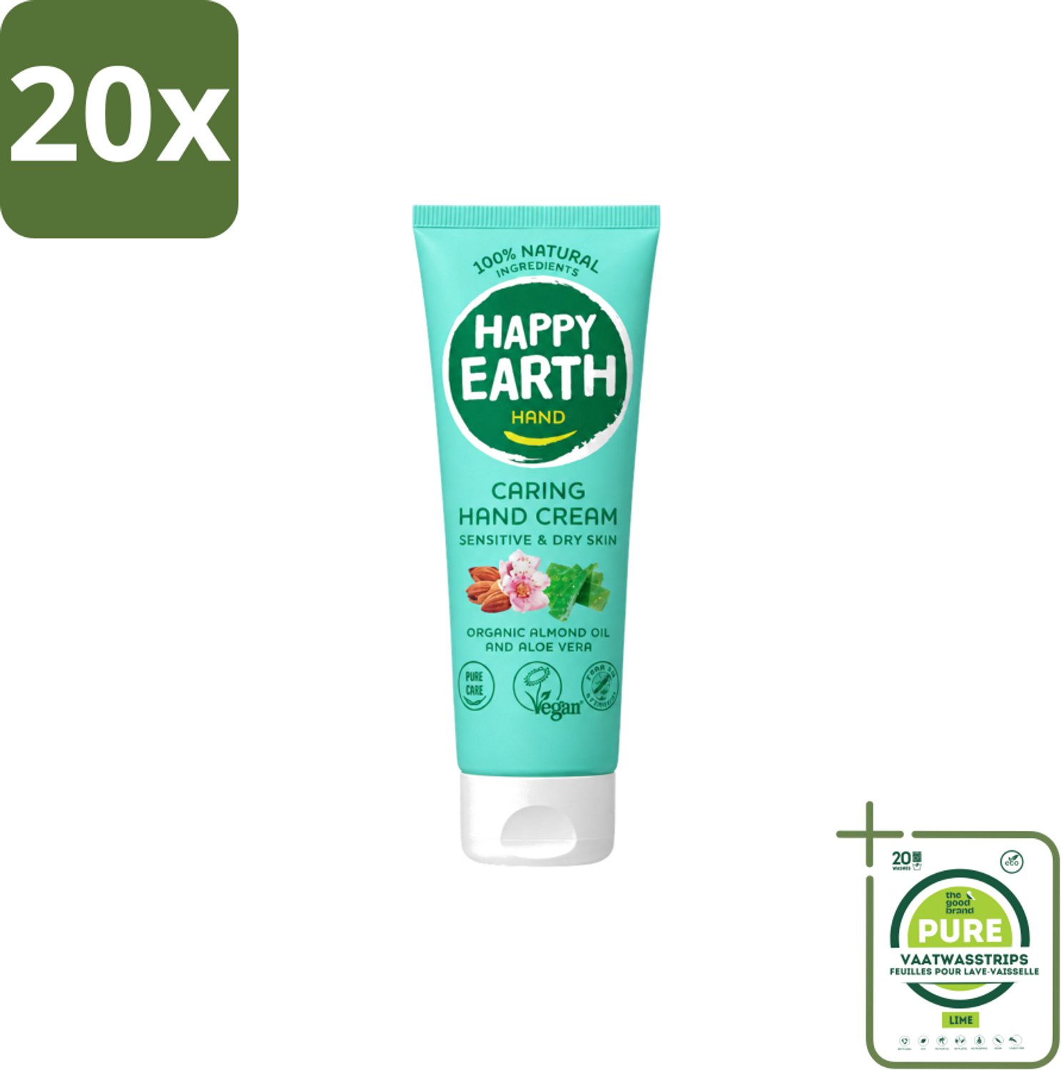 20 x Happy Earth – Handcrème – 100% Natuurlijk – 75 ml - Grootverpakking - Vaatwasstrips - Natuurlijke Handcrème - Vegan Handcrème - Handverzorging - Droge Handen - Huidverzorging