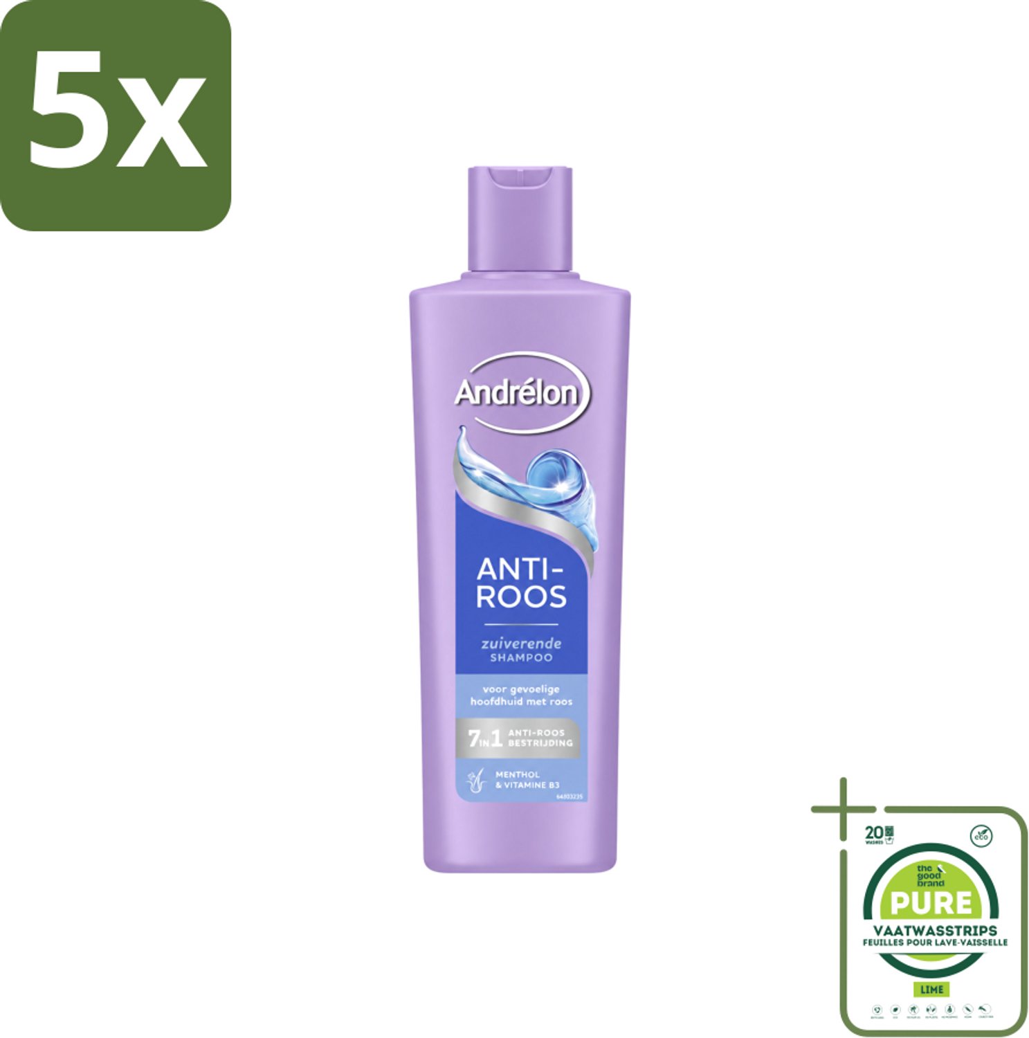 5 x Andrélon – Shampoo – Anti Roos – 250 ml - Grootverpakking - Vaatwasstrips - Roos Haar - Roos Hoofdhuid - Anti-roos Shampoo - Menthol Shampoo - Vitamine B3 Shampoo