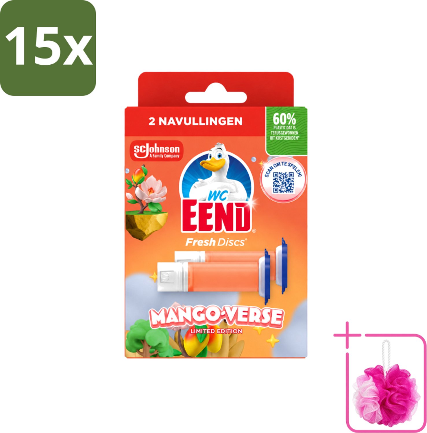 15 x WC Eend – Fresh Discs – Duo Navulling – Mango Verse – 72 ml - Bulkverpakking - Toilet navulling - Douchemop - Fris toilet