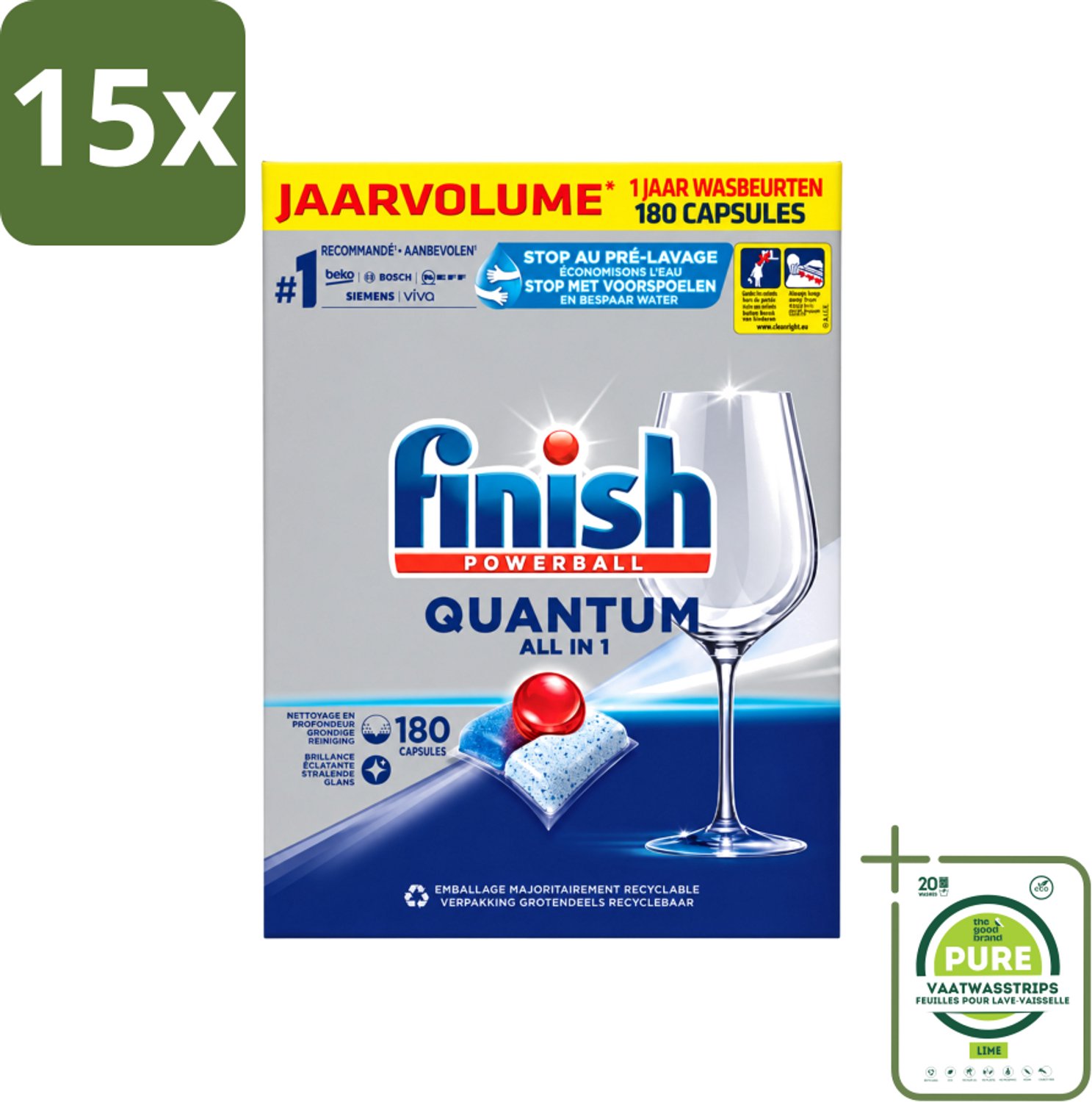 15 x Finish Powerball - Quantum All in 1 - Vaatwastabletten - 180 Tabletten - Grootverpakking - Vaatwasstrips - Vaatwassen - Vaatwastabletten - Vaatwasmiddel - Vaatwasmiddel Tabletten - Vaatwasmiddel Quantum